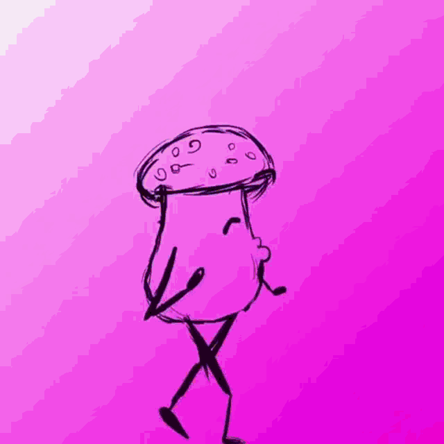a cartoon drawing of a mushroom with arms and legs walking on a pink background .