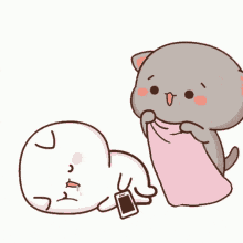 a cartoon cat is putting a pink blanket on another cat 's head .