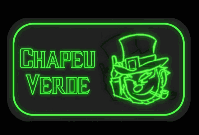 a neon sign that says chapeu verde with a leprechaun wearing a top hat