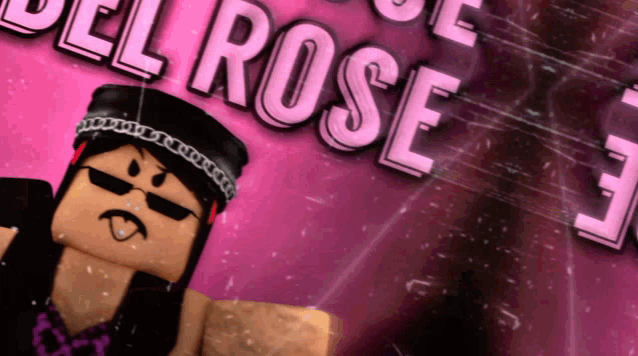 a girl with sunglasses and a bandana stands in front of the word rose