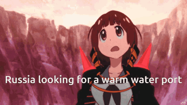 a cartoon of a girl with the words russia looking for a warm water port