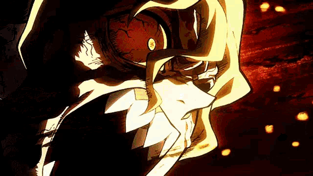 a close up of a person 's face with sharp teeth and a glowing eye .