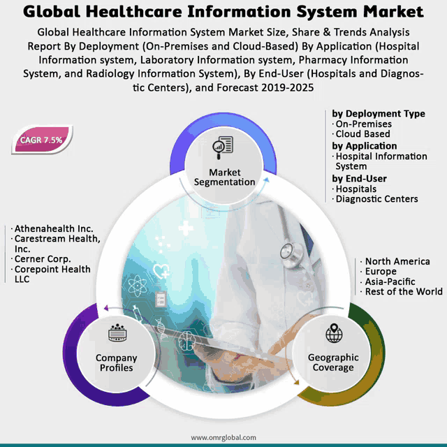 a diagram of the global healthcare information system market with a doctor holding a tablet
