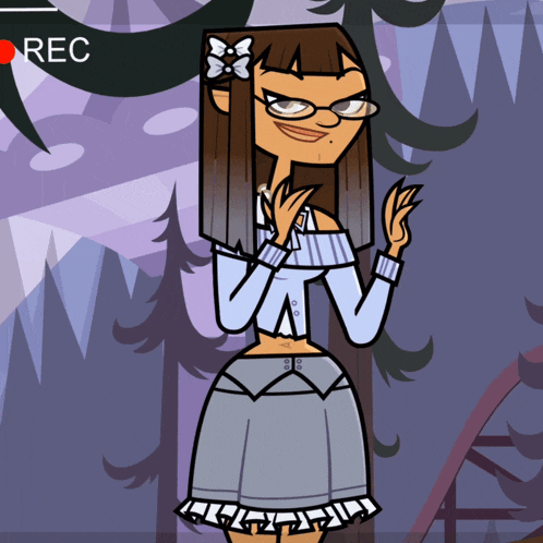 a cartoon girl with glasses and a bow in her hair is standing in front of a recording screen that says rec