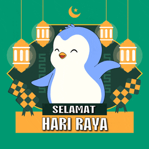 a blue and white penguin with the words selamat hari raya on the bottom