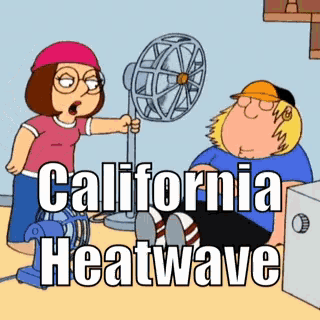 a cartoon of a woman holding a fan next to a man with the words california heatwave on the bottom