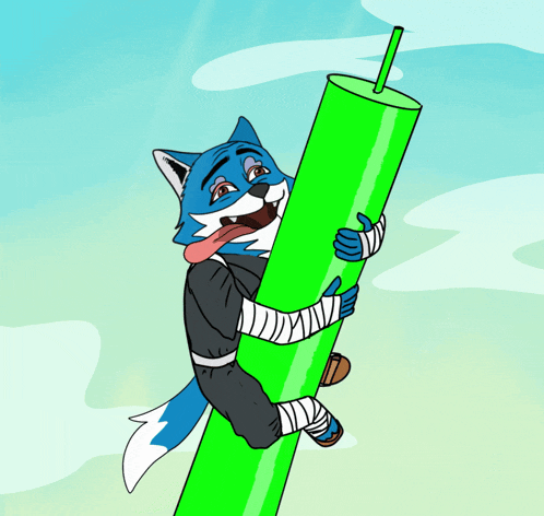 a cartoon of a blue fox holding a green pipe with a straw