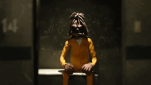 a cartoon character in a jail cell with a prisoner number