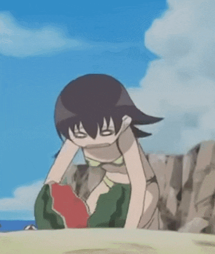 a girl in a bikini is eating a watermelon on the beach