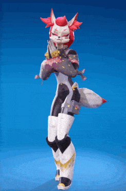 a cartoon character with red hair and a white body is standing on a blue background