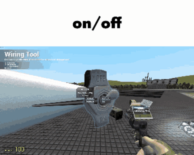 a screenshot of a video game with the words " on / off " at the top