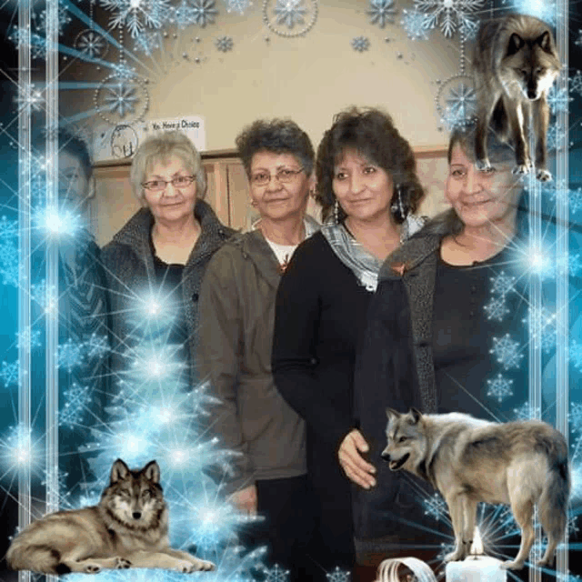 a group of women are posing for a picture with a wolf and a sign that says no food or drinks