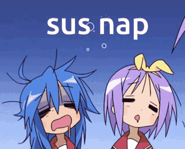 a blue and purple anime character with the words sus nap written above them