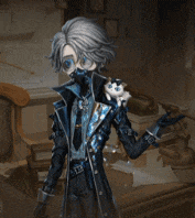 a man with a cat on his shoulder is standing in a dark room