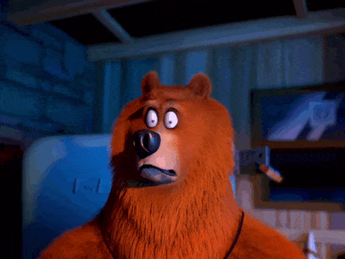 a cartoon bear is standing in a dark room and looking at the camera