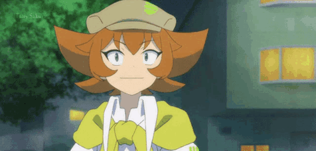 a cartoon character with a hat and a yellow shirt is standing in front of a building that says fairy slumber