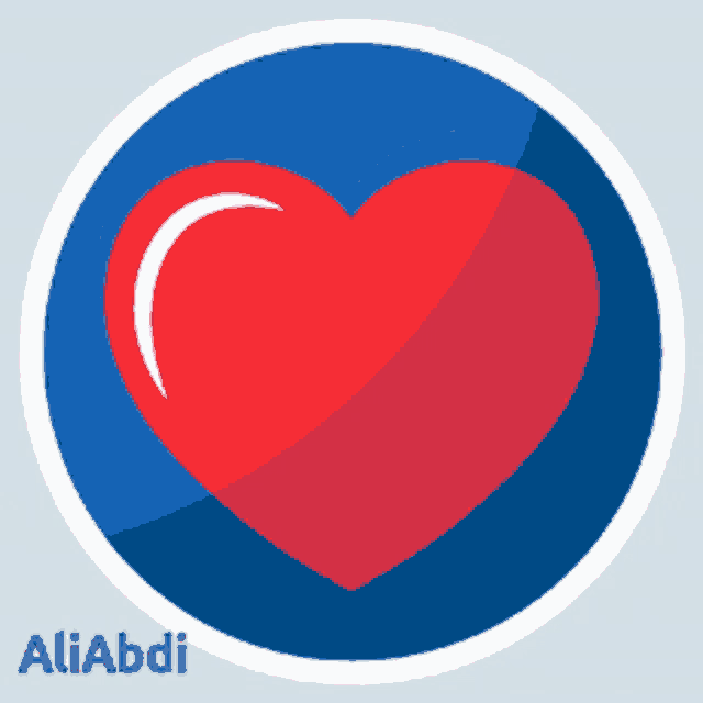 a red heart in a blue circle with the name aliabdi underneath it