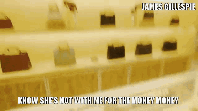a blurred image of a building with the words " know she 's not with me for the money money " on the bottom