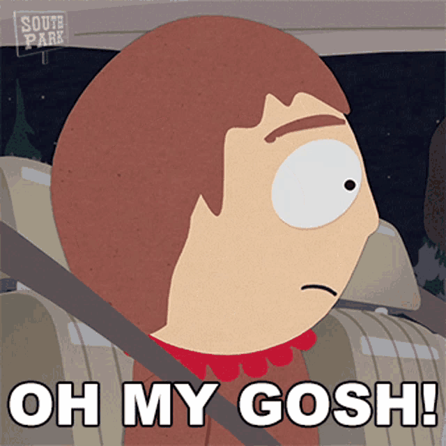 a cartoon character from south park is sitting in the back seat of a car and says oh my gosh