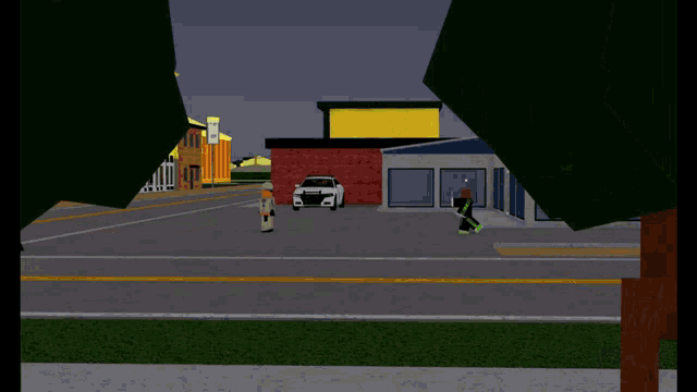 a screenshot of a video game shows a white car driving down the street