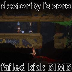 a screenshot of a video game says dexterity is zero failed kick bimb