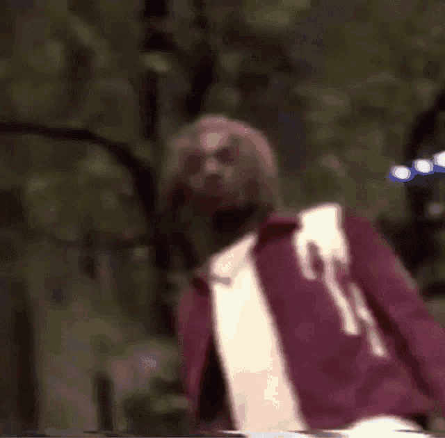 a man in a red jacket and white shirt is standing with his arms outstretched in the woods .