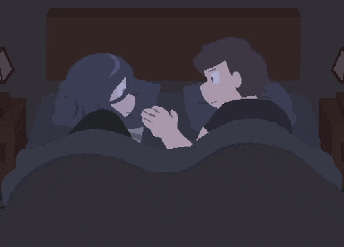 a pixel art drawing of a man and a woman laying in bed
