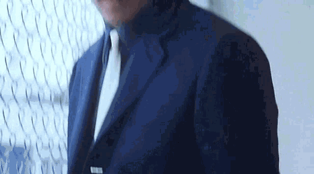 a man in a suit and tie is standing next to a chain link fence .