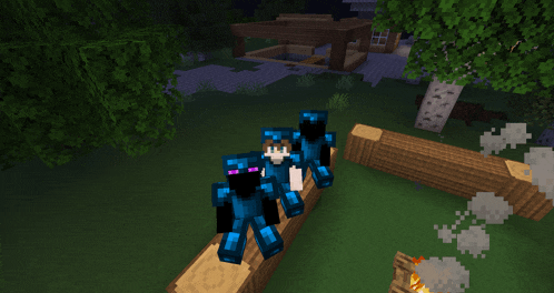 a couple of minecraft characters standing next to each other on a wooden fence