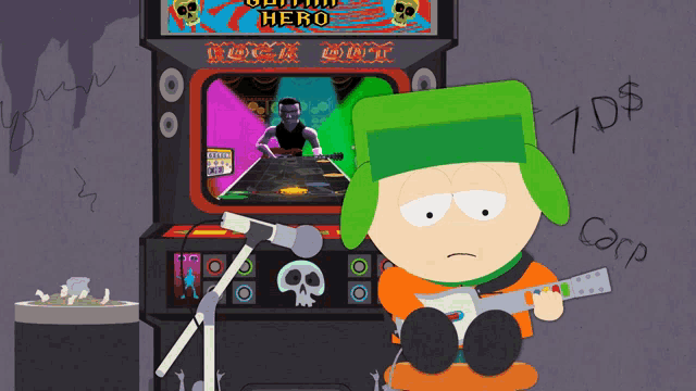 a cartoon character playing a video game called rock out for 7 dollars