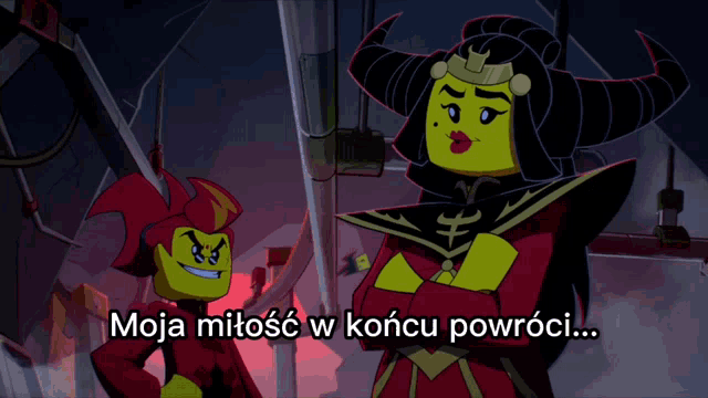 two cartoon characters are standing next to each other with a caption that says " moja miłość w koncu powrci "