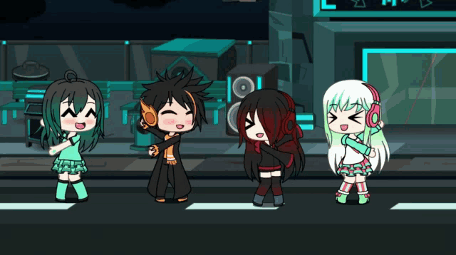 a group of anime characters standing next to each other on a street