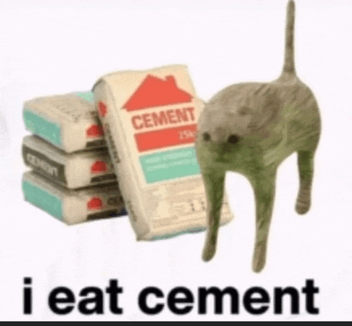 a cat is standing next to a pile of cement bags and says i eat cement .