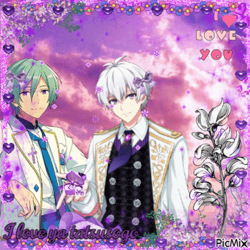 a picture of two anime characters with the words i love ya tatsusugo