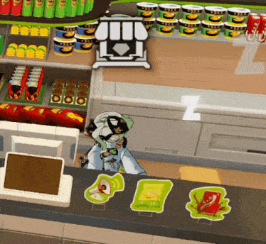 a cartoon character is behind a counter in a store selling potato chips and other snacks