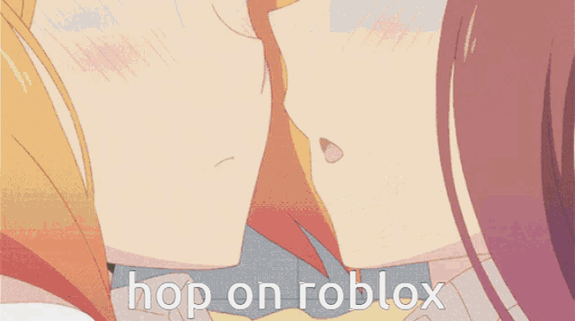 a picture of a girl kissing with the words hop on roblox written below it