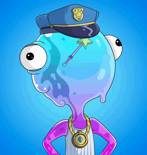 a cartoon character wearing a police hat and necklace