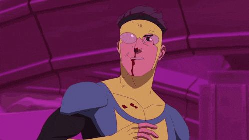 a cartoon drawing of a man with a white shirt and a purple background