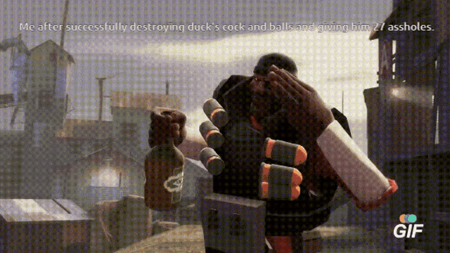 a gif of a man holding a bottle with the words me after successfully destroying duck 's cock