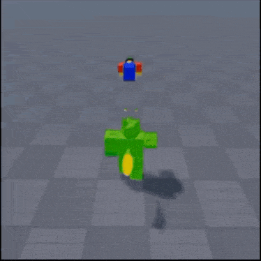 a green robot with a yellow star on its head is standing next to a red robot in a game .
