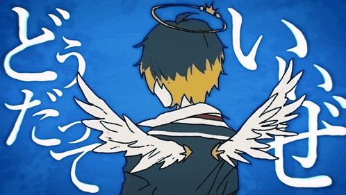 a drawing of a boy with wings and a halo on his head