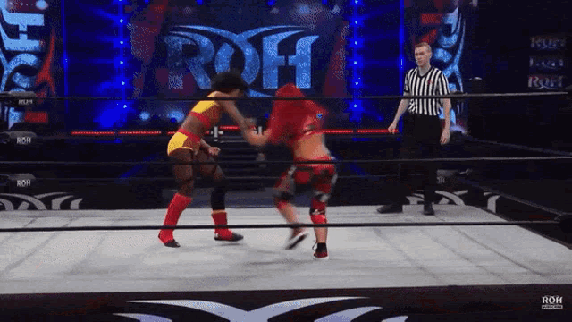 two women wrestling in a ring with the word roh on the back