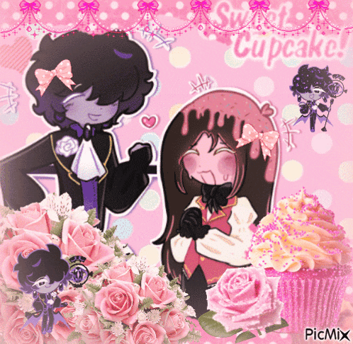 a couple of cartoon characters standing next to a cupcake with the words sweet cupcakes written on the bottom