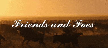a picture of a herd of wildebeest with the words friends and foes