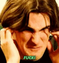 a close up of a man covering his ears with his hands and the word fuck is on his face .