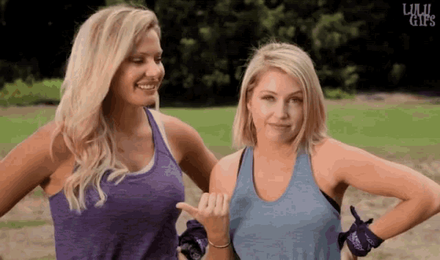 two women are standing next to each other and the words lulu girls are on the bottom