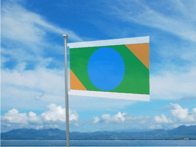 a flag with a blue circle on it is flying in the wind