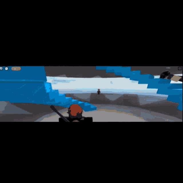a screenshot of a video game shows a person holding a guitar in front of stairs