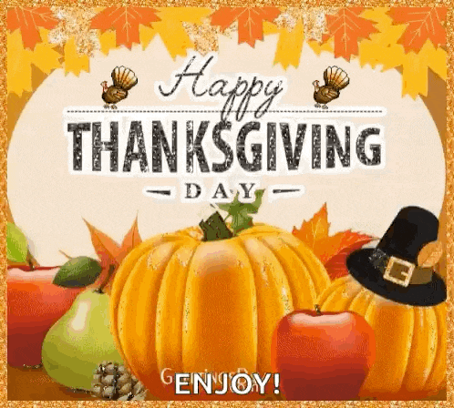 a happy thanksgiving day greeting card with pumpkins , apples , turkeys and leaves
