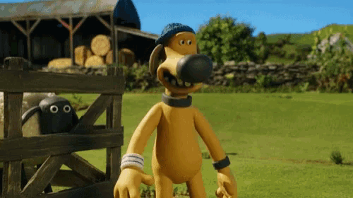 a cartoon dog wearing a black hat and collar stands in a field